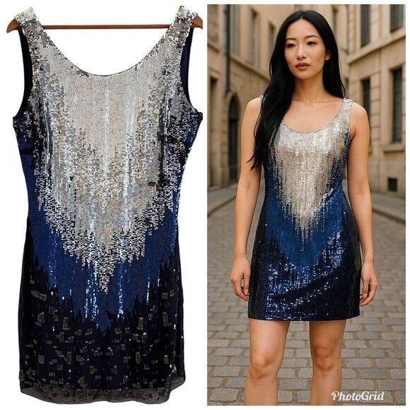 vintage CACHE Silk Beaded Sequin Shift Dress M blue - Picture 15 of 15